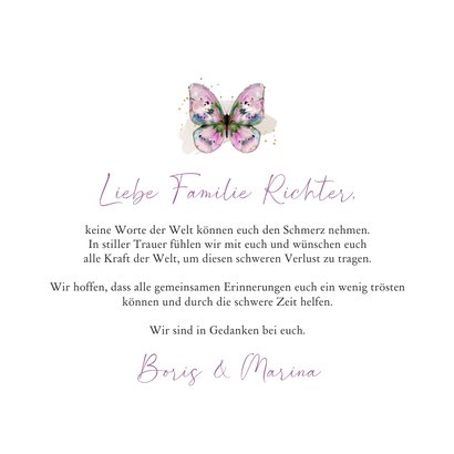 Beileidskarte mit rosa Schmetterling & Herzchen 3