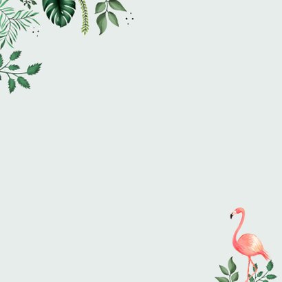 Botanische Taufeinladung Flamingos und Blätter Rückseite