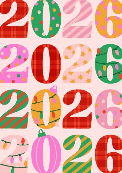 Bunte Neujahrskarte 2026 Jahreszahl verziert 2