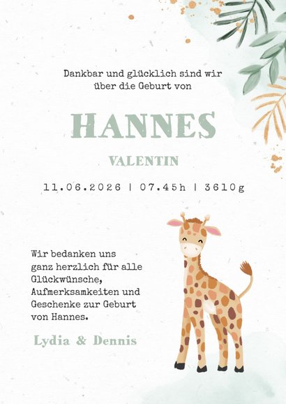 Dankeskarte Geburt Giraffe Wasserfarbe grün Foto innen 3