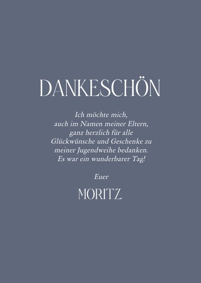 Dankeskarte Jugendweihe blau Foto in Bogenfenster 3