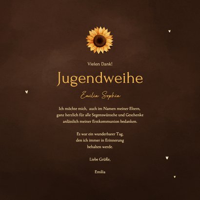 Dankeskarte Jugendweihe Fotocollage Sonnenblume braun  Rückseite