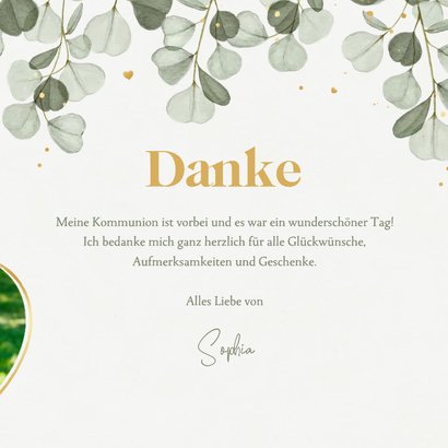 Dankeskarte Kommunion Herzfoto, Eukalyptus & Golddruck 3