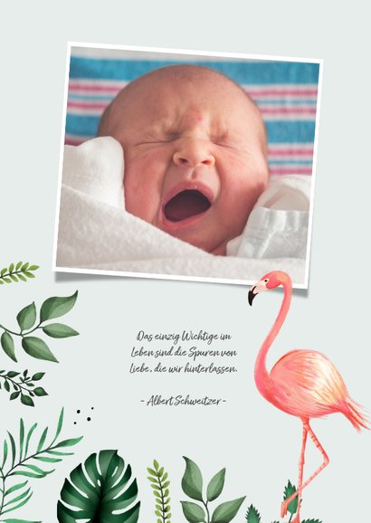 Dankeskarte Taufe Foto, Flamingos und Blätter 2