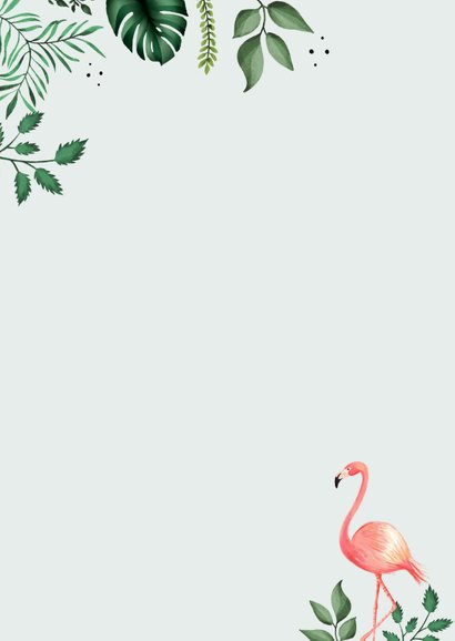 Dankeskarte Taufe Foto, Flamingos und Blätter Rückseite