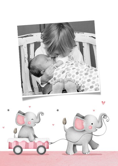 Dankeskarte Taufe kleine Schwester Elefanten und Herzen 2