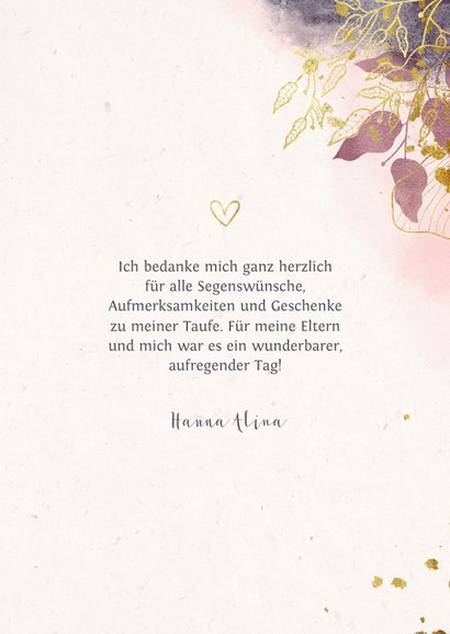 Dankeskarte Taufe Watercolour rosa botanisch 3