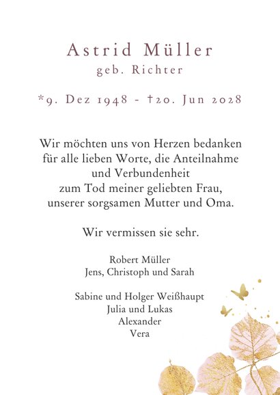 Dankeskarte Trauer zarte Ginkgoblätter& Goldlook 3