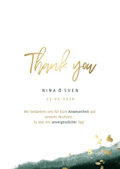 Dankeskarte zur Hochzeit mit Foto in grün und gold  3