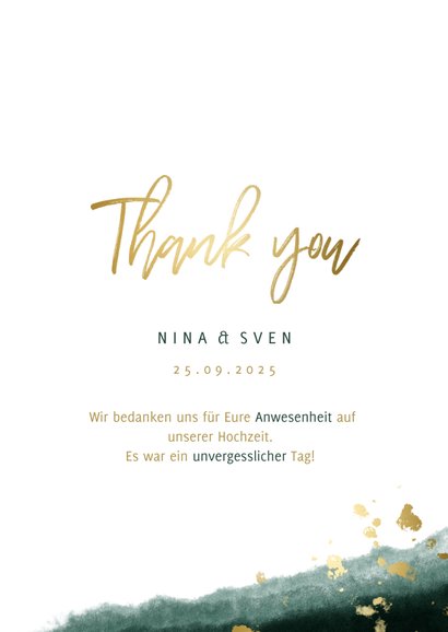 Dankeskarte zur Hochzeit mit Foto in grün und gold 3