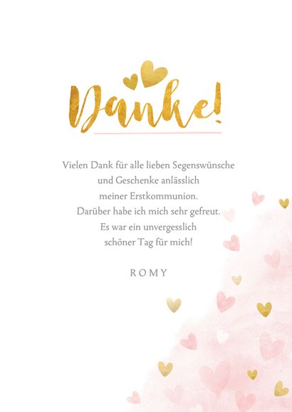 Danksagung Kommunion Goldlook rosa mit Foto & Wasserfarbe 3