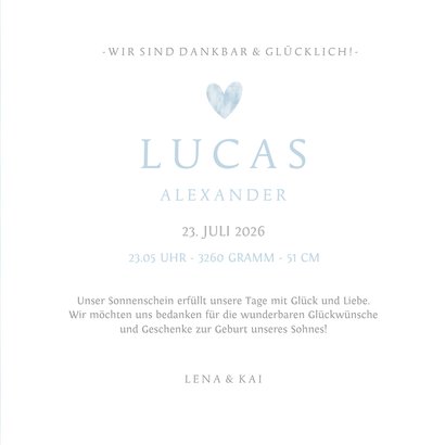 Danksagung zur Geburt blauem Herz Aquarelloptik Foto innen 3