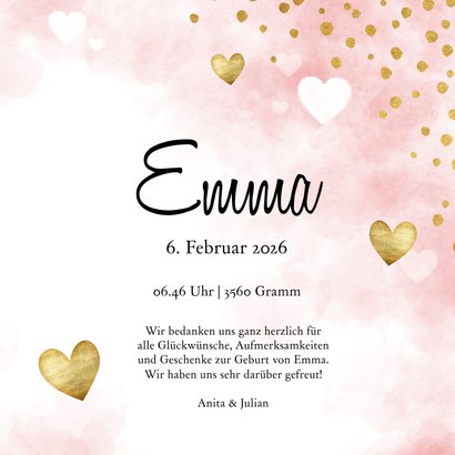 Danksagung zur Geburt Herzen rosa & Foto innen 3