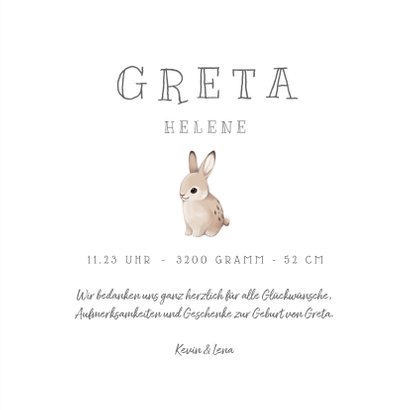Danksagung zur Geburt mit Kaninchen und Foto Innenseite 3