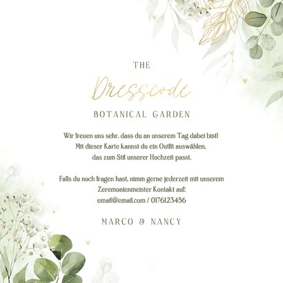 Dresscodekarte Botanical Garden grün gold Hochzeit Farben Rückseite