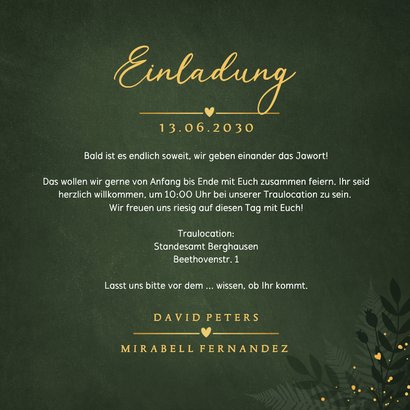 Dunkelgrün Hochzeitseinladung Botanisch Goldkleckse 3