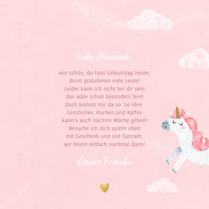 Einhorn Glückwunschkarte 3. Geburtstag rosa Wolken 3