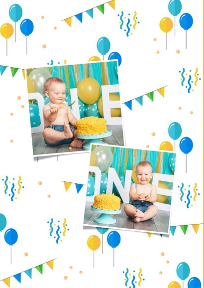 Einladung 1. Kindergeburtstag Luftballons, Konfetti und Foto 2