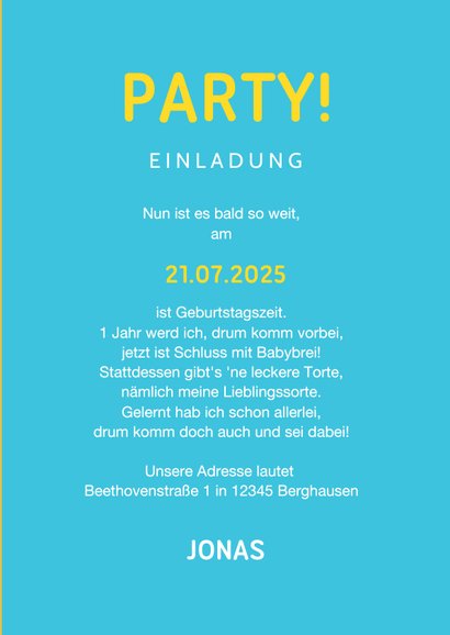 Einladung 1. Kindergeburtstag Luftballons, Konfetti und Foto 3