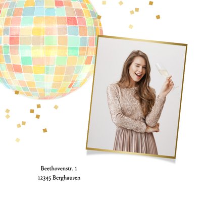 Einladung 21. Geburtstag Discokugel Goldkonfetti mit Foto 2