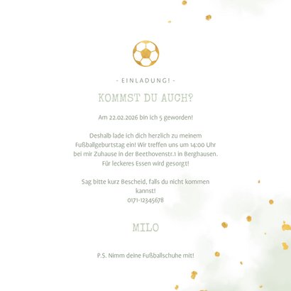 Einladung 5. Kindergeburtstag Wasserfarbe, Foto und Fußball 3