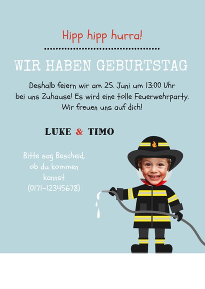 Einladung 6. Kindergeburtstag Zwilling Feuerwehr 3