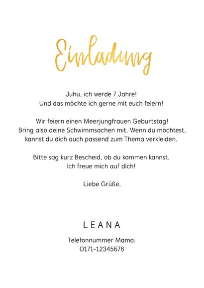 Einladung 7. Kindergeburtstag Meerjungfrau mit Wasserfarbe 3