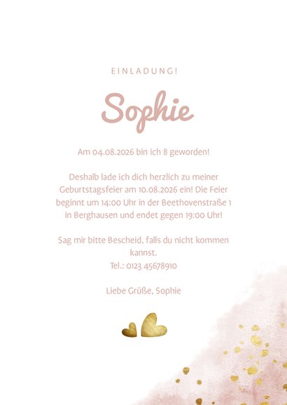 Einladung 8. Kindergeburtstag rundes Foto und goldene Herzen 3