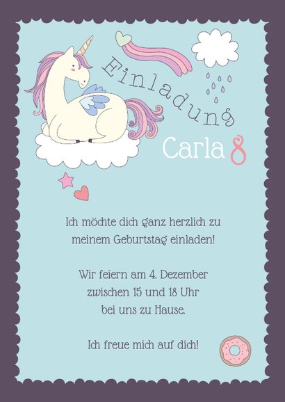 Einladung 8. Kindergeburtstag Wolkenprinzessin mit Einhorn 3