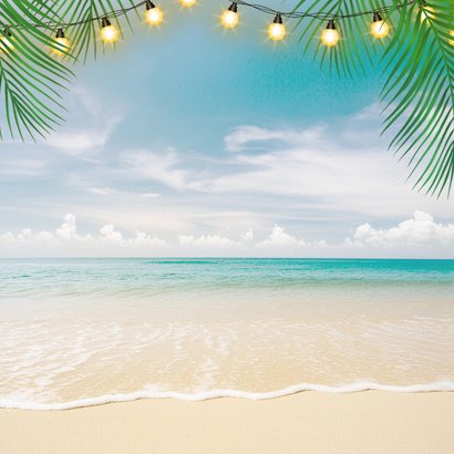 Einladung Beachparty bunte Wegweiser mit Strand Rückseite