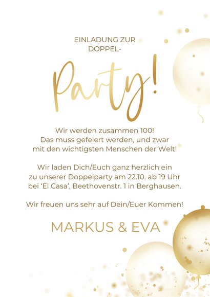 Einladung Doppelparty Foto, Luftballons & Gold 3