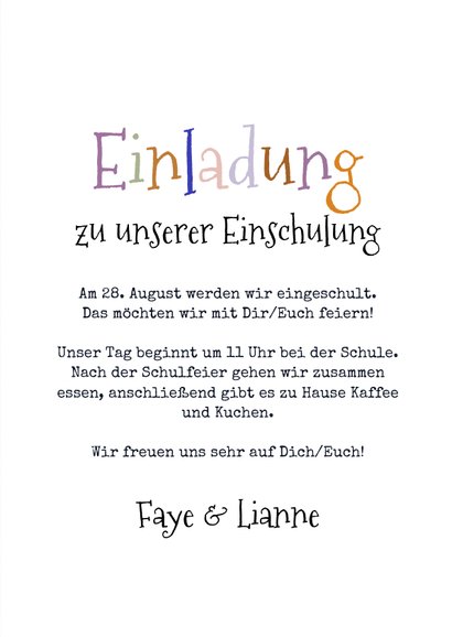Einladung Einschulung orange-lila Zwilling Buchstaben 3
