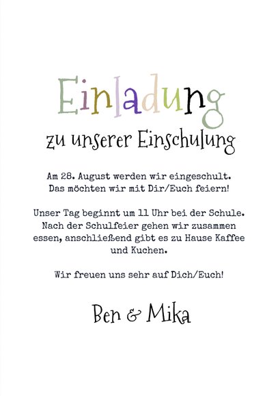 Einladung Einschulung Zwilling Buchstaben grün-lila 3