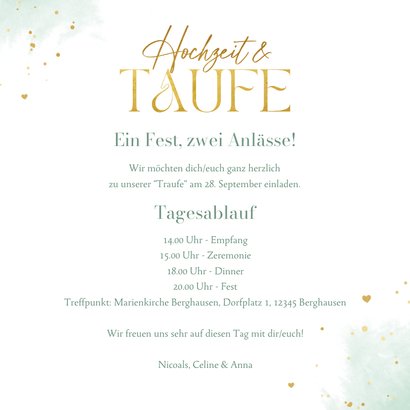 Einladung Hochzeit/Taufe mintgrünes Aquarell & Goldherzchen 3