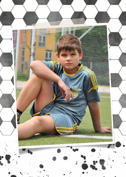 Einladung Kindergeburtstag blau Fußballhintergrund mit Foto 2