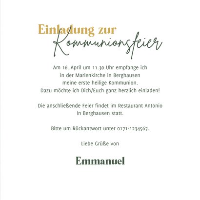 Einladung Kommunion dunkelgrün, Foto & Gold 3