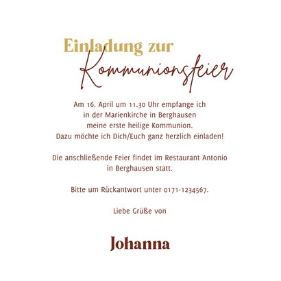 Einladung Kommunion rostbraun, Foto & Gold 3