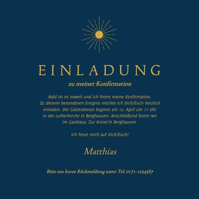 Einladung Konfirmationsfeier dunkelblau Sonne in Gold 3