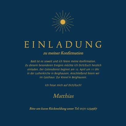 Einladung Konfirmationsfeier dunkelblau Sonne in Gold 3