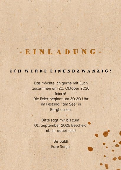 Einladung 'let's party' zum 21. Geburtstag in braun mit Foto 3