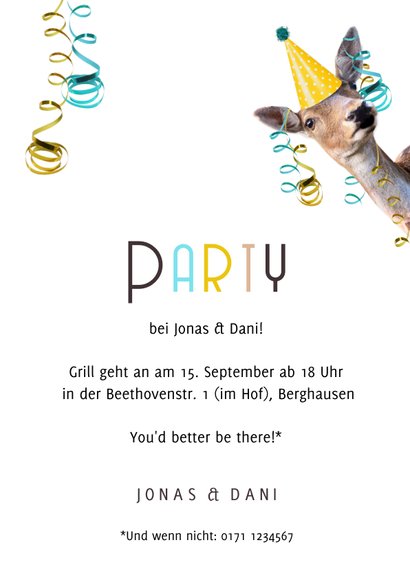 Einladung Partytime Reh mit Partyhut & Luftschlangen 3