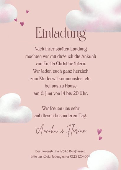 Einladung Willkommensfest Bär rosa mit Fallschirm 3