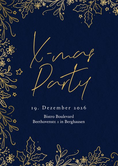 Einladung X-Mas-Party Dunkelblau mit Goldrahmen 2