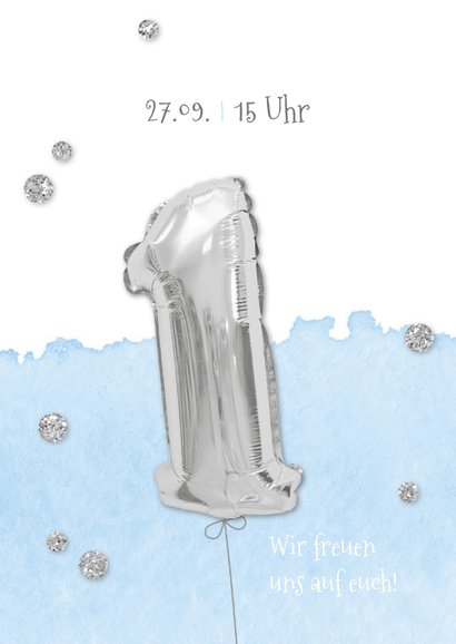 Einladung zum 1. Geburtstag blau Silberballon und Foto 2