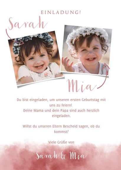 Einladung zum 1. Kindergeburtstag Aquarellrosa Zwillinge 3