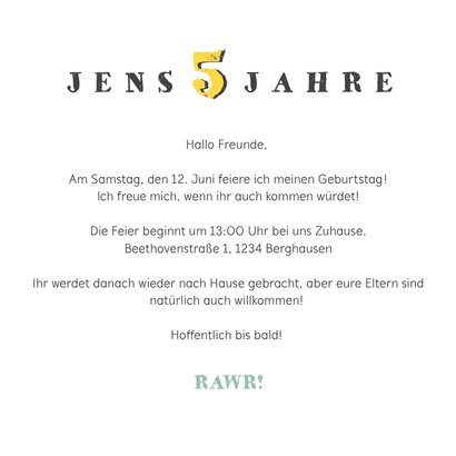 Einladung zum 5. Kindergeburtstag Dinosaurier mit Hut 3