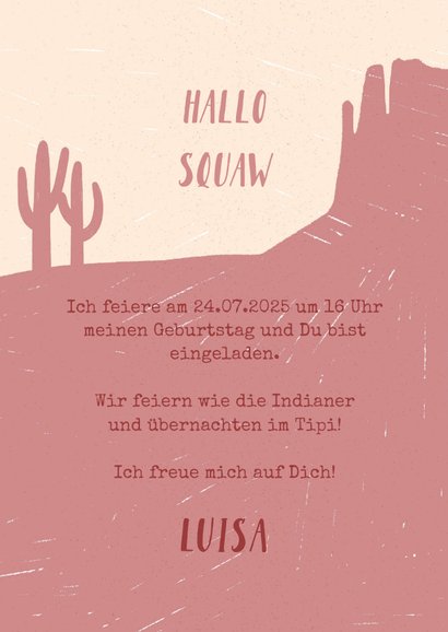 Einladung zum 6. Kindergeburtstag pink Indianer-Party Squaw 3