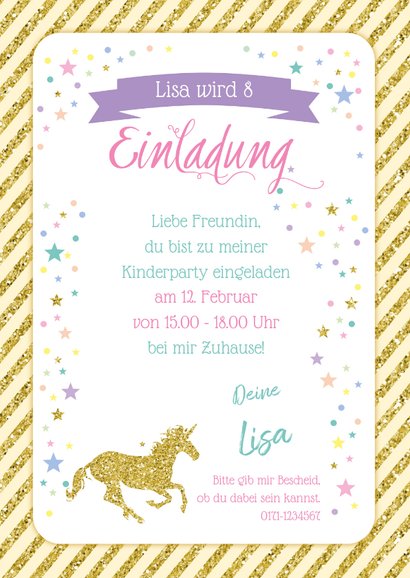 Einladung zum 8. Kindergeburtstag Goldenes Einhorn 3