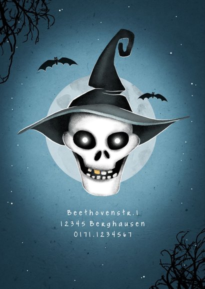 Einladung zum Kinder-Halloween-Fest Totenkopf mit Hut 2