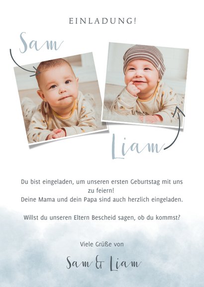 Einladung zum Kindergeburtstag Aquarellblau für Zwillinge 3